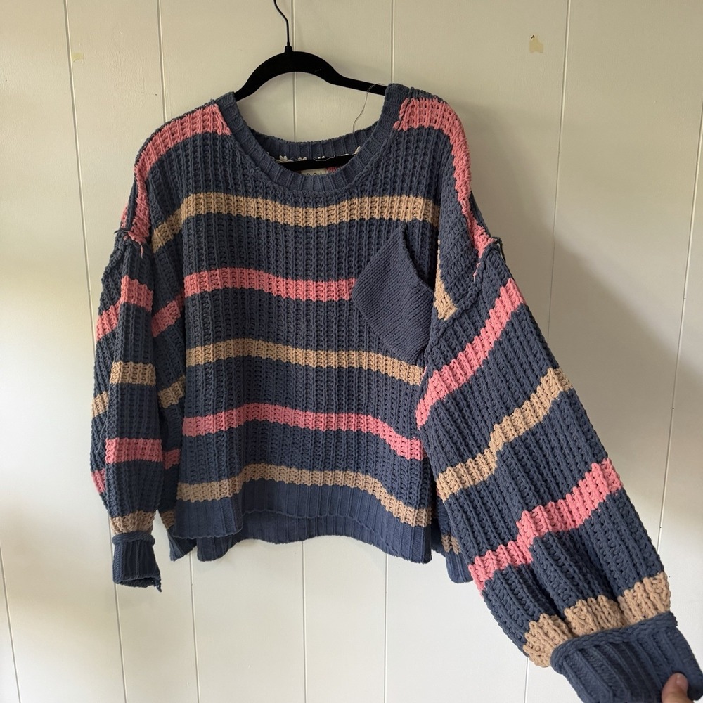 POL Boutique Chunky Knit Striped Sweater Blue Pink Tan Pocket Oversized Womens S
